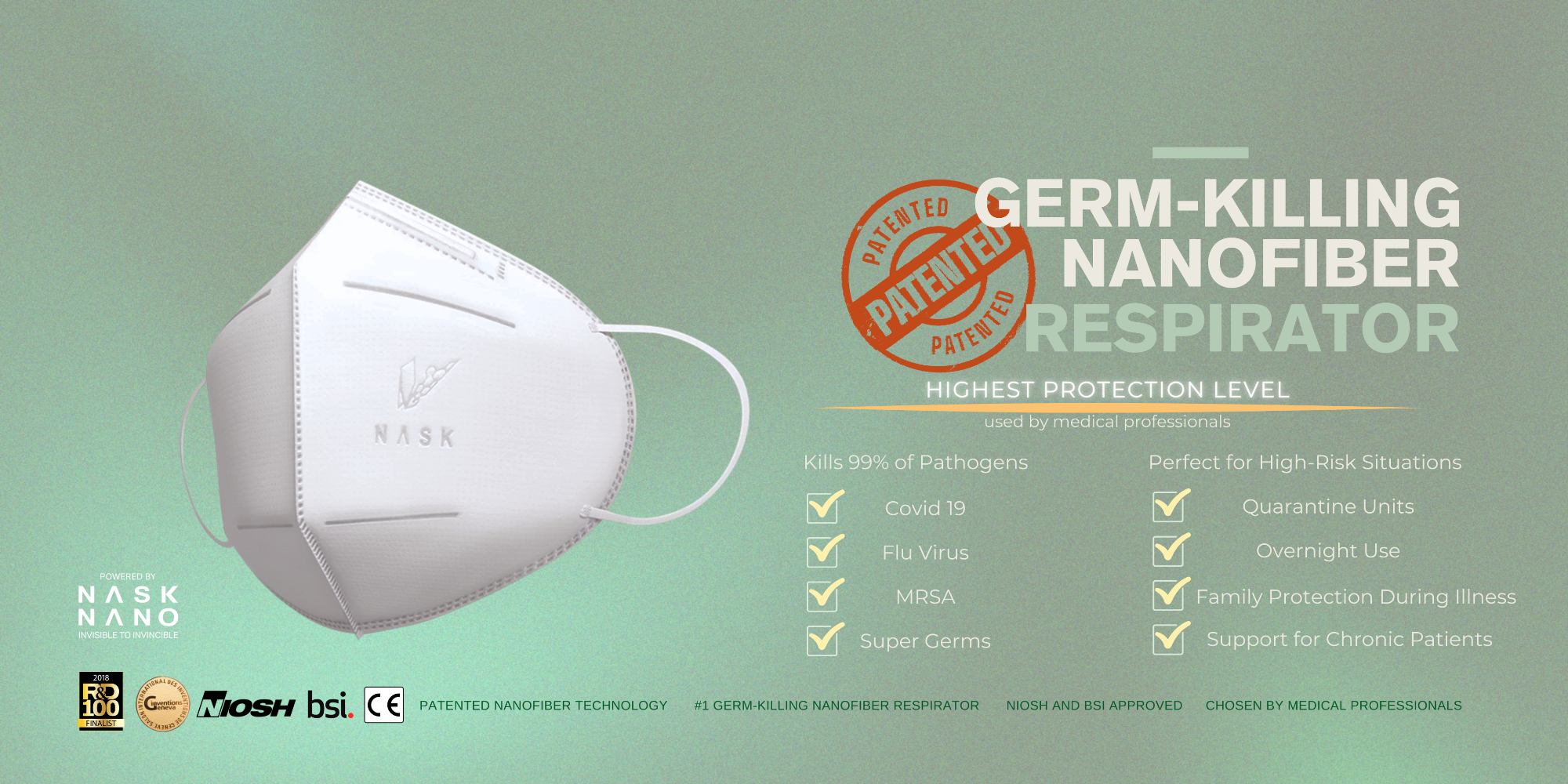 Germ-killing nanofiber respirator with highest protection level